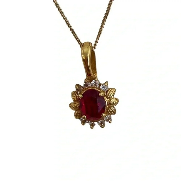 Vintage Red Crystal And Diamonds Gold Plated Necklace - Picture 1 of 7
